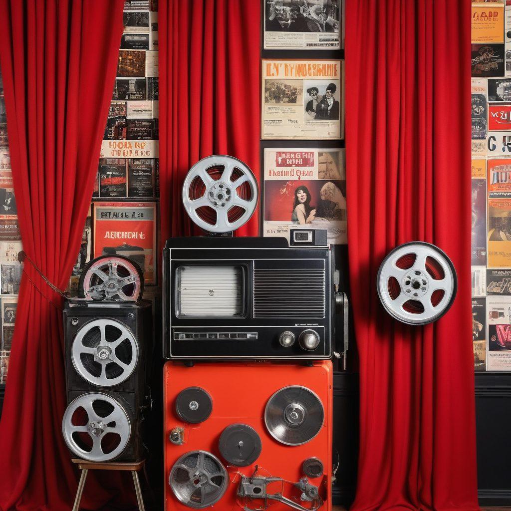 A vibrant collage showcasing the evolution of adult films, featuring vintage film reels on one side transitioning into modern streaming icons on the other. Incorporate elements like retro posters, a film projector, and digital devices displaying modern adult content. The background should blend classic red velvet drapes with sleek modern tech aesthetics. Emphasize a sense of nostalgia versus innovation in adult entertainment. vibrant colors. dynamic composition. retro and modern blend.