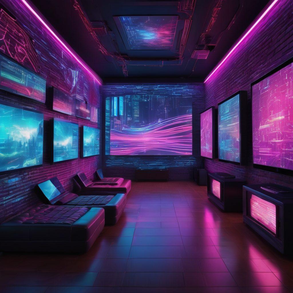 A modern digital landscape featuring a vibrant collage of streaming devices like smartphones, tablets, and smart TVs displaying adult film clips. Incorporate dynamic waves of binary code and colorful visuals to symbolize technology's influence on viewer engagement. Include silhouettes of diverse viewers engaged with the screens, capturing a sense of connection and excitement. The background should be futuristic with neon lights to emphasize the evolution of entertainment. super-realistic. vibrant colors. cyberpunk.
