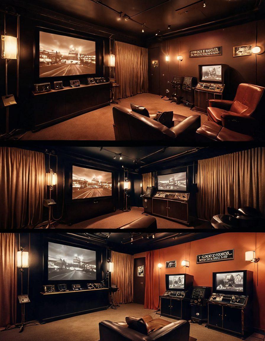 A split image depicting two contrasting scenes: on one side, a vintage adult cinema setting with classic decor, old film reels, and sepia-toned lights; on the other side, a sleek modern adult media studio featuring high-tech screens, vibrant LED lighting, and digital elements. Include subtle symbols of evolution in between, like arrows or clocks, representing the progression from vintage to modern. vibrant colors. super-realistic.